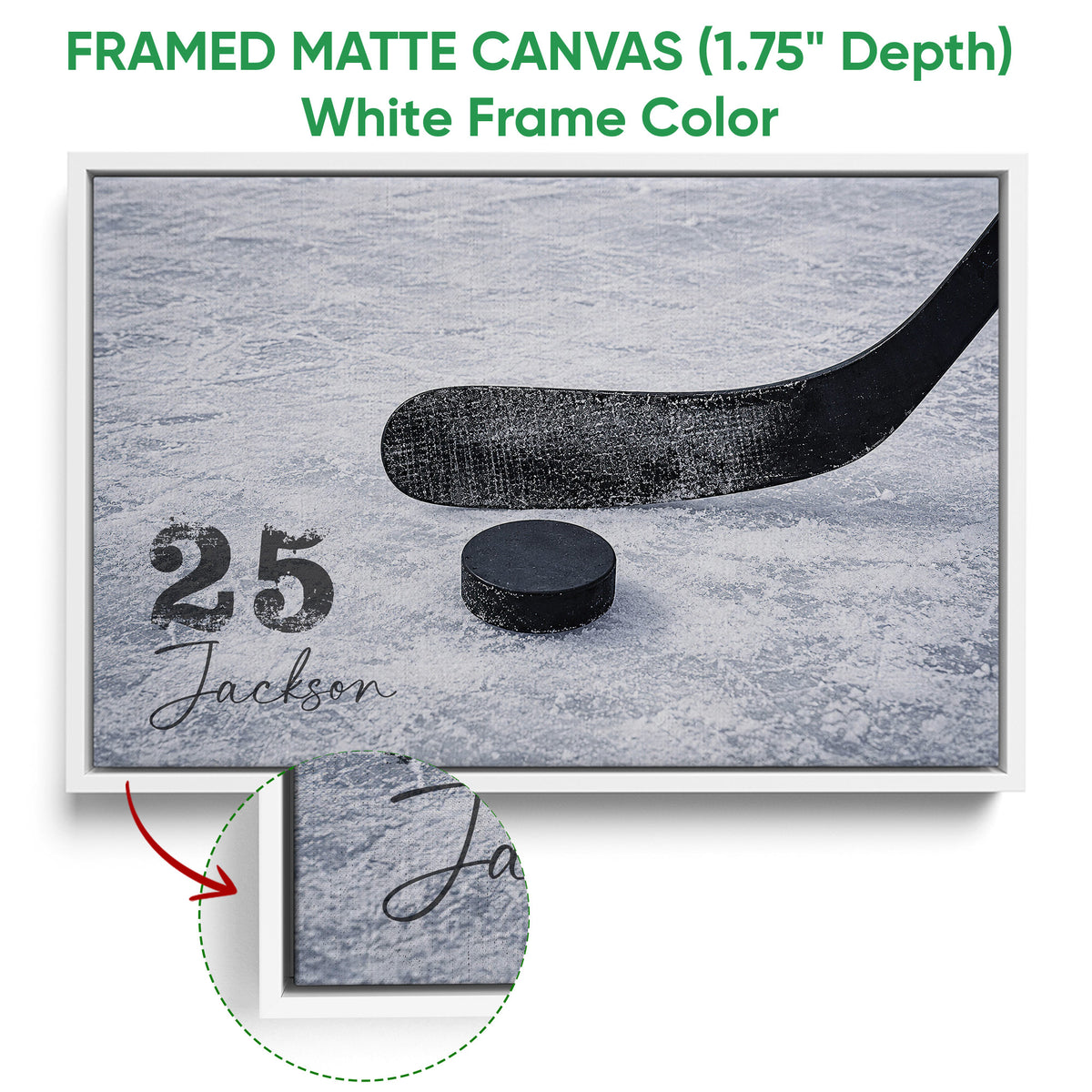 White framed canvas hockey wall art featuring a black stick and puck on textured ice