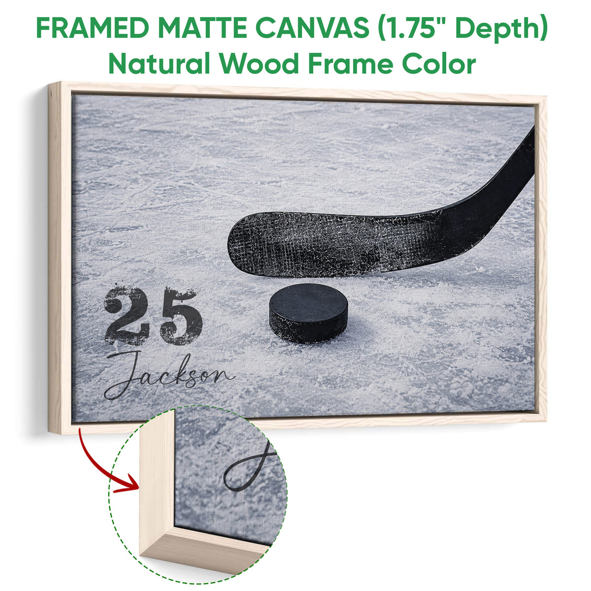Natural wood framed hockey wall art with a black stick and puck on blue ice