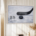 Hockey wall art displayed in a bright room with white wood paneling and natural decor