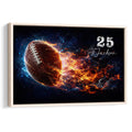 Framed football wall art with a glowing ball surrounded by blue and orange energy effects