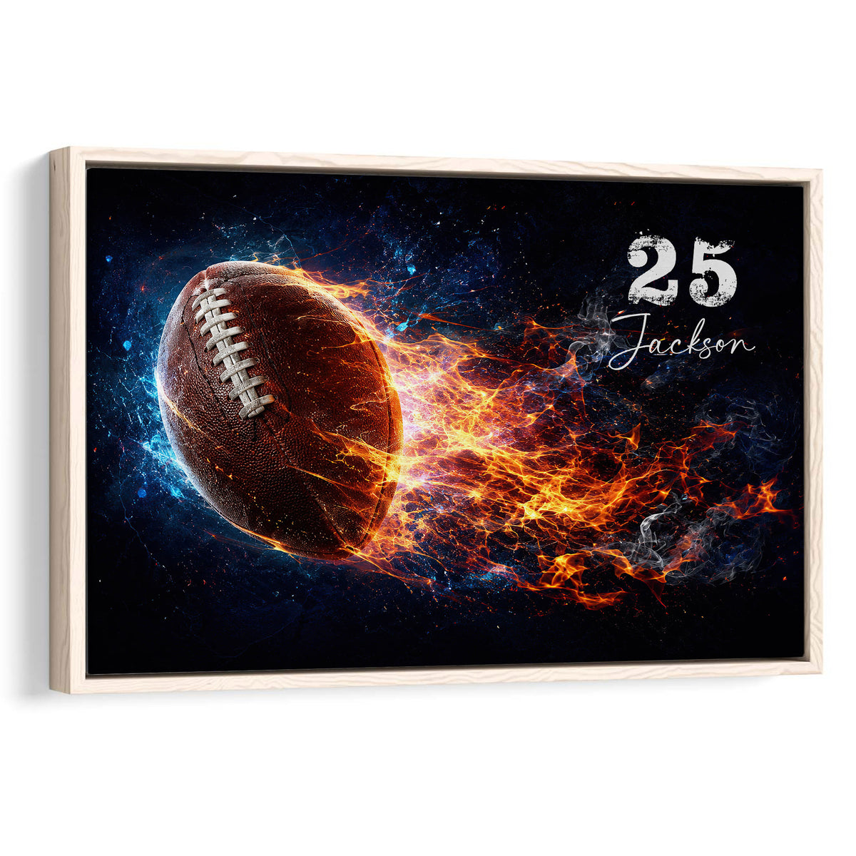Framed football wall art with a glowing ball surrounded by blue and orange energy effects