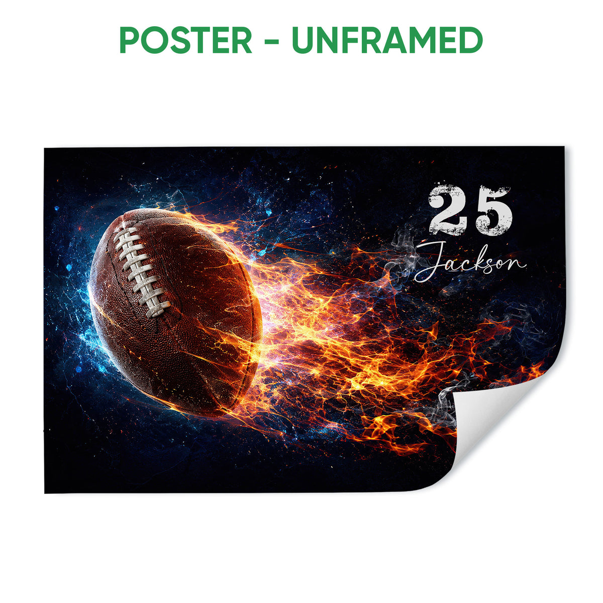 Unframed football poster featuring a dramatic ball with blue and orange flame-like energy