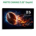 Matte canvas football wall art displaying a realistic ball against a vivid blue and orange background