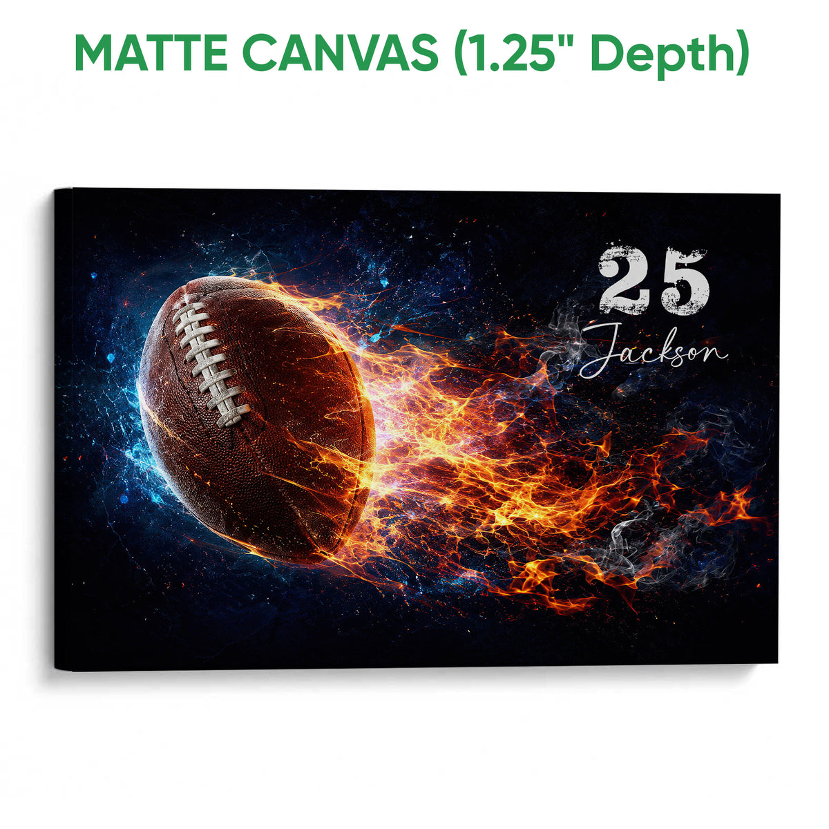 Matte canvas football wall art displaying a realistic ball against a vivid blue and orange background