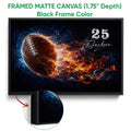 Black framed football canvas with a fiery energy design and close-up frame detail