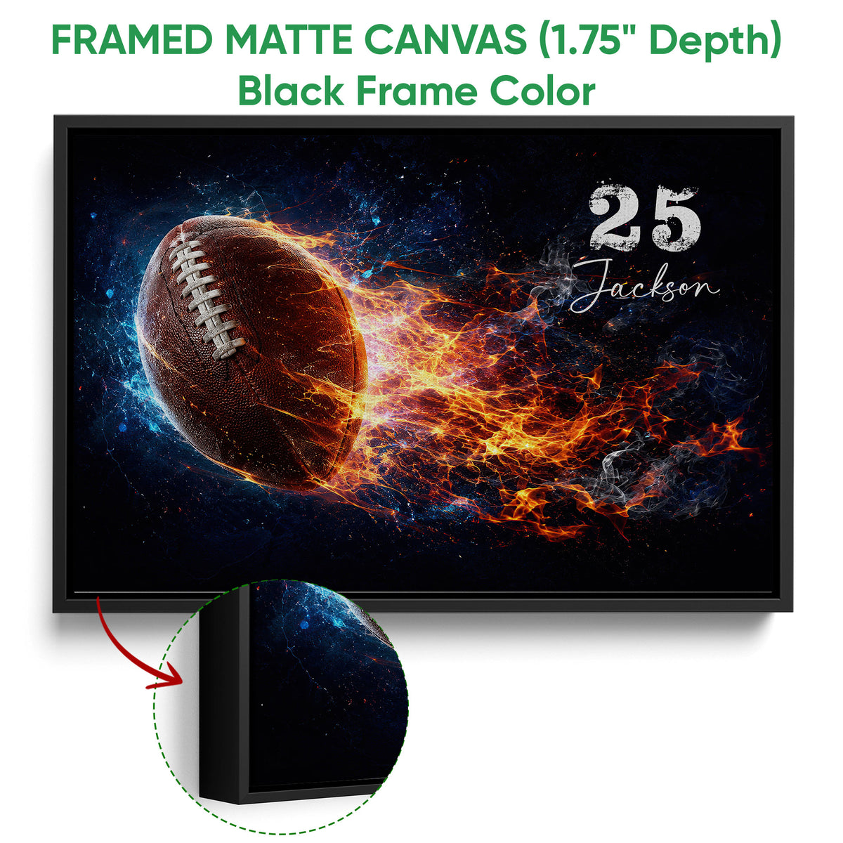 Black framed football canvas with a fiery energy design and close-up frame detail