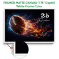 White framed football canvas featuring a glowing football and bold blue and orange artwork