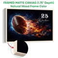 Natural wood framed football wall art with colorful energy effects surrounding the ball