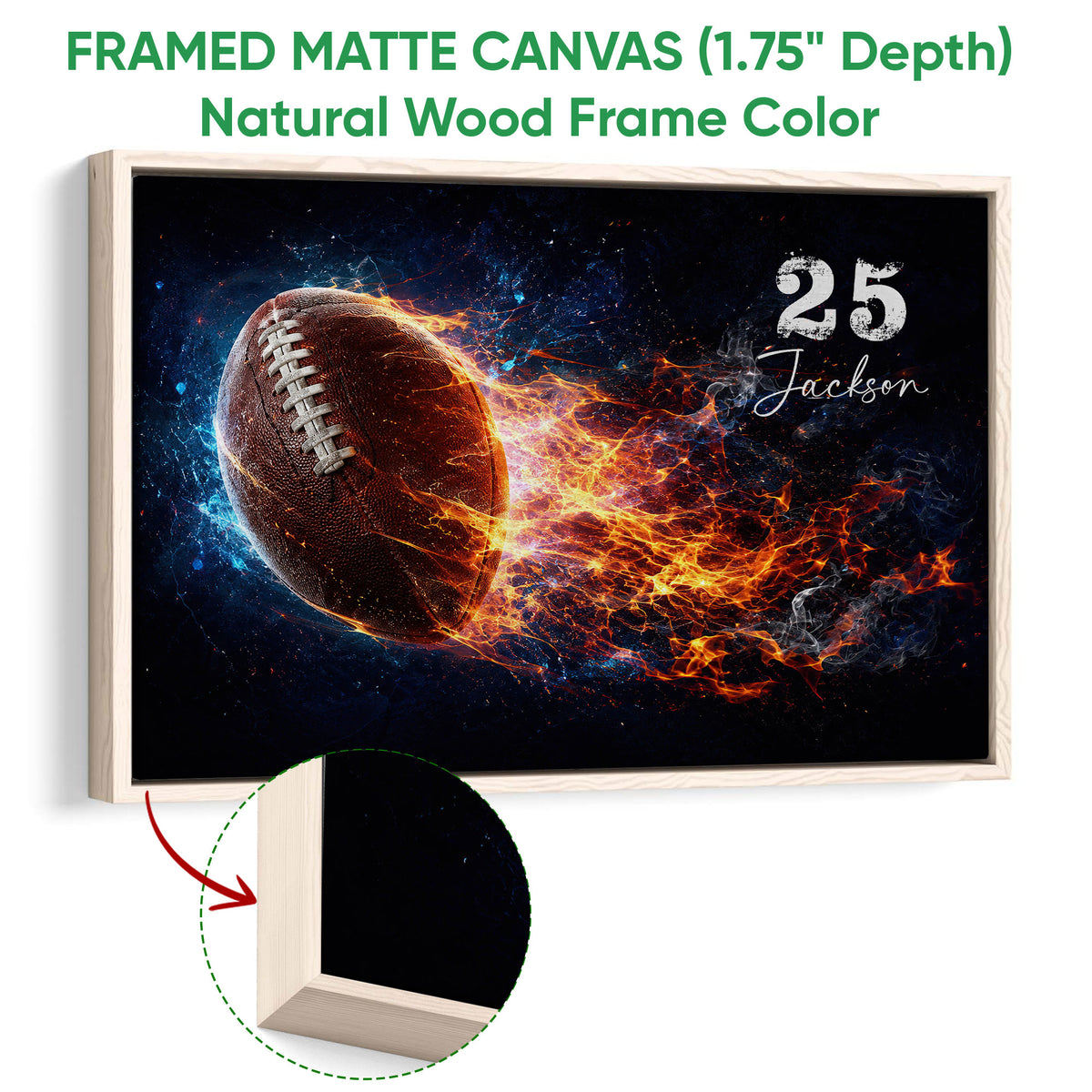 Natural wood framed football wall art with colorful energy effects surrounding the ball