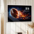 Football wall art displayed in a bright room with white wood walls and natural wood framing
