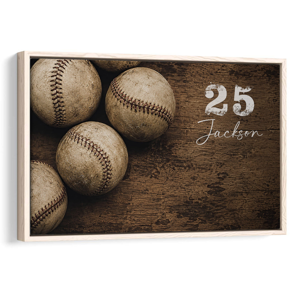 Framed baseball wall art featuring vintage baseballs on a dark wood background
