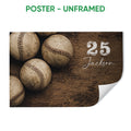 Unframed baseball poster with vintage baseballs against a rustic wood background