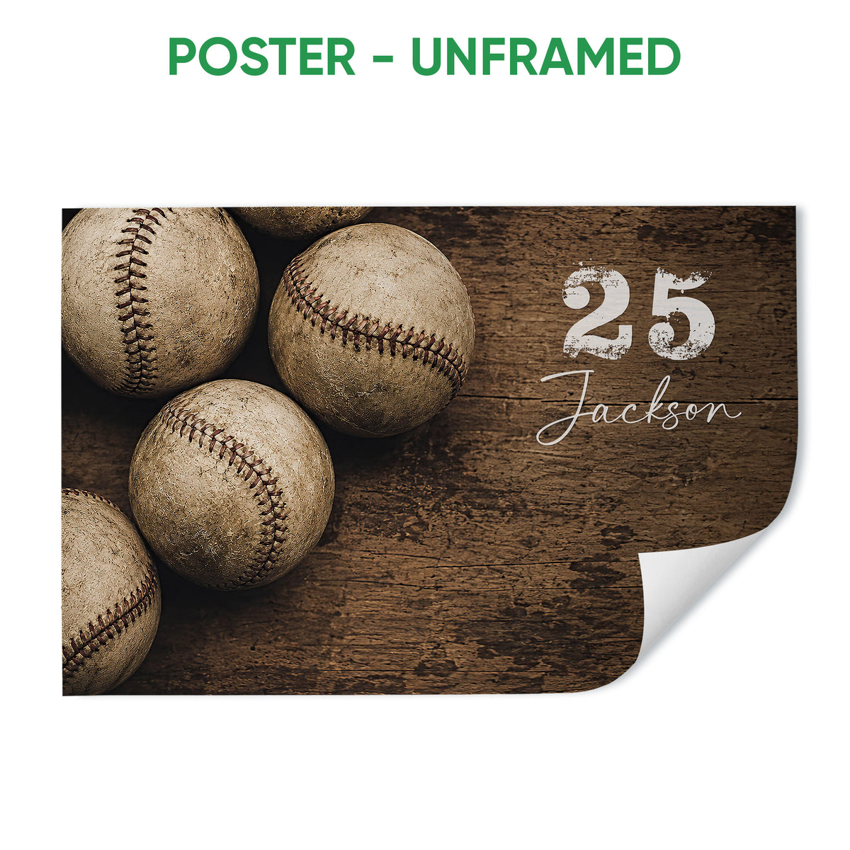 Unframed baseball poster with vintage baseballs against a rustic wood background