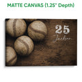 Matte canvas baseball wall art featuring textured baseballs and a wood-inspired background