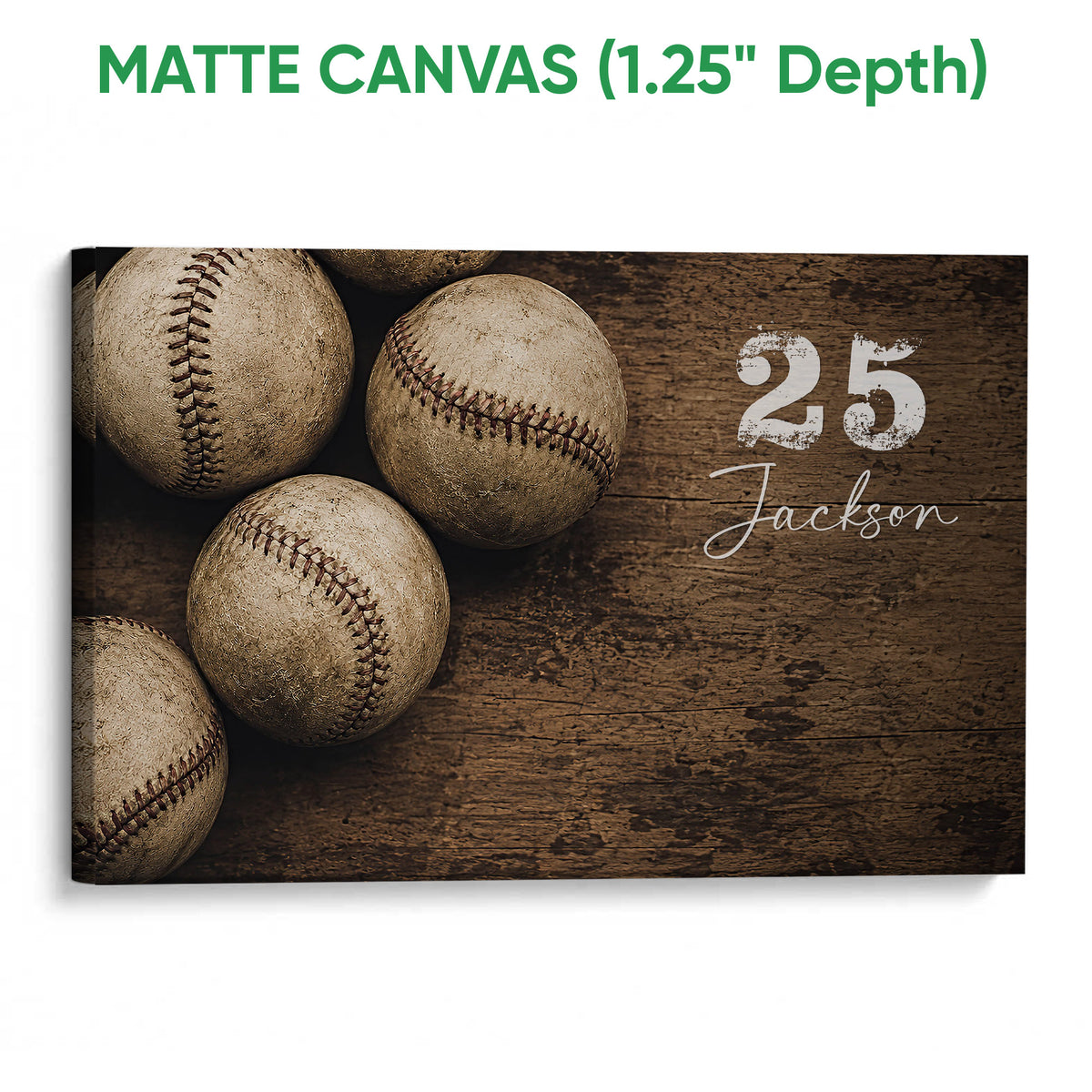 Matte canvas baseball wall art featuring textured baseballs and a wood-inspired background