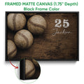 Black framed baseball canvas wall art with a close-up view of the frame edge