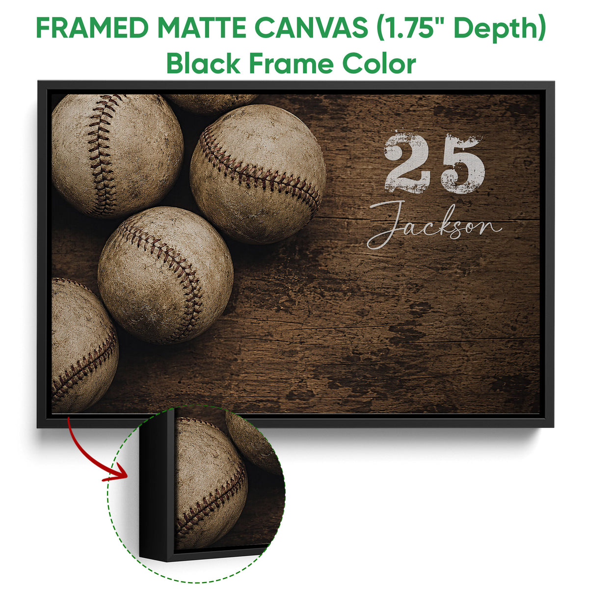 Black framed baseball canvas wall art with a close-up view of the frame edge