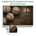 White framed baseball canvas wall art with a close-up view of the frame edge