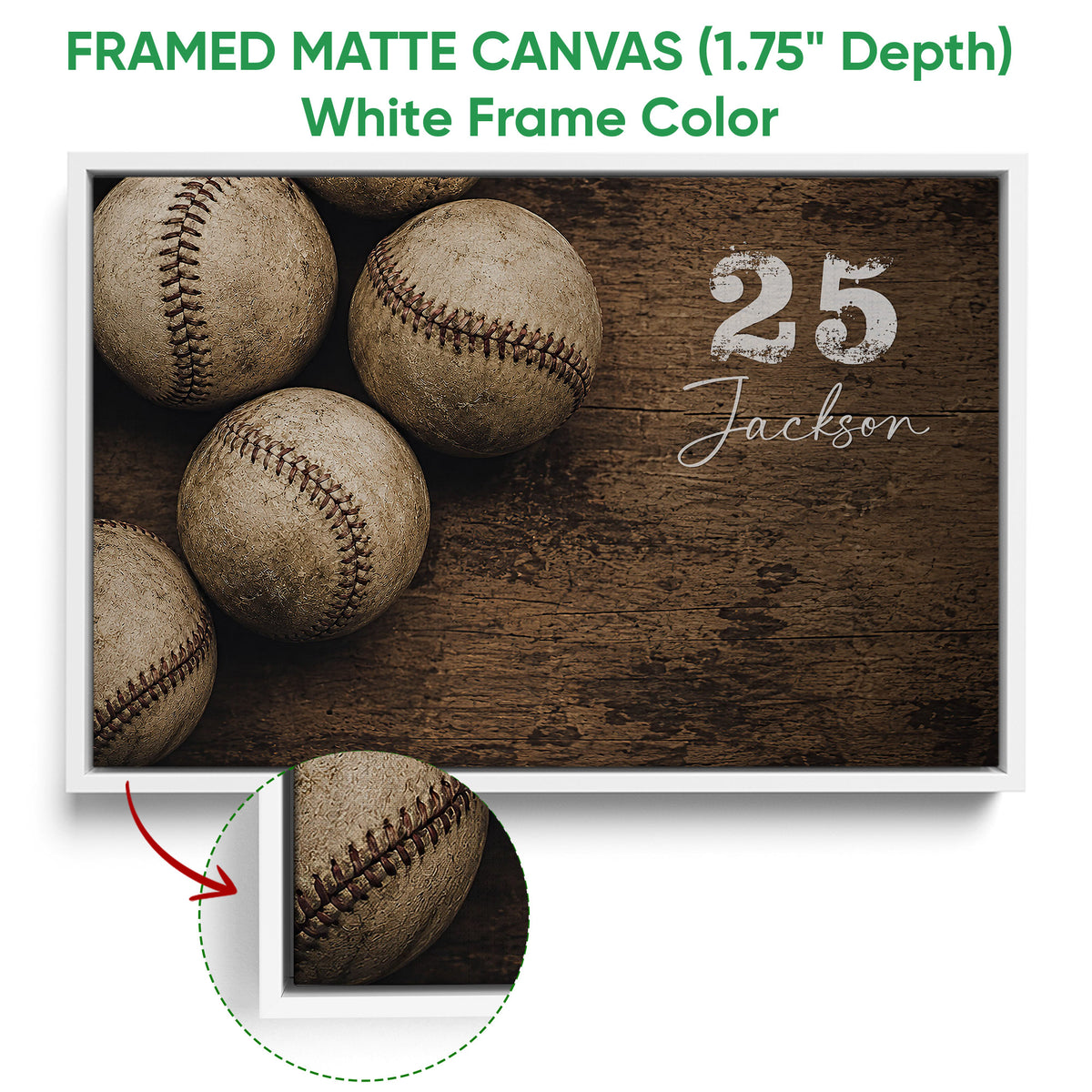 White framed baseball canvas wall art with a close-up view of the frame edge