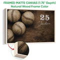 Natural wood framed baseball wall art with textured baseball artwork and frame detail