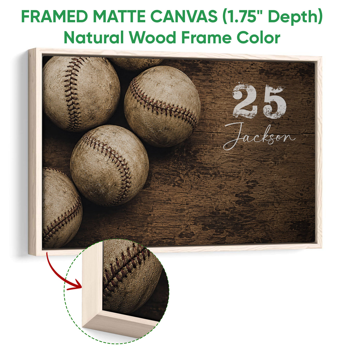 Natural wood framed baseball wall art with textured baseball artwork and frame detail