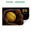 Unframed softball poster featuring a yellow softball and brown glove on a dramatic black background