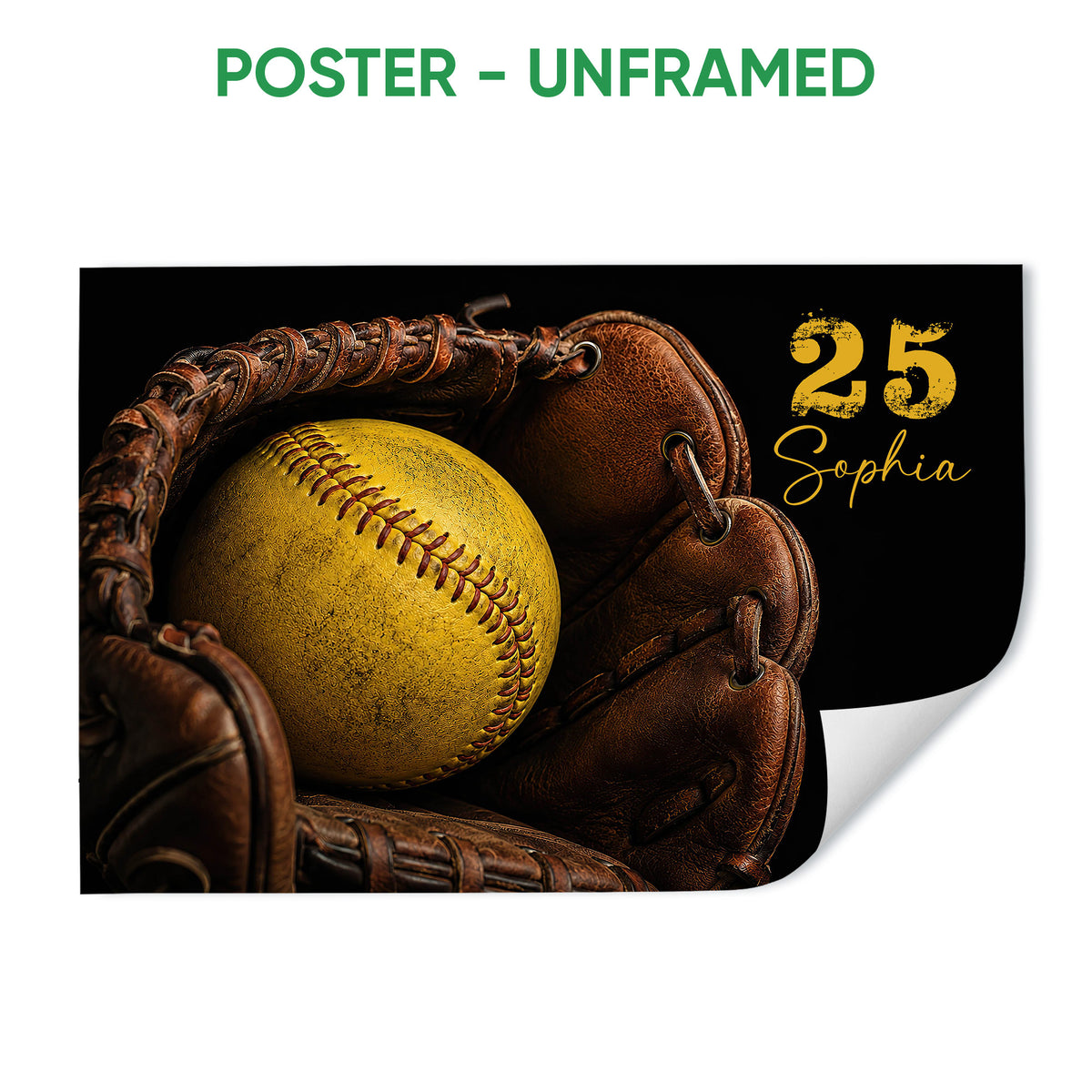 Unframed softball poster featuring a yellow softball and brown glove on a dramatic black background