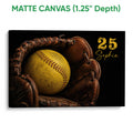 Matte canvas softball wall art featuring a yellow softball and brown glove in a deep black composition