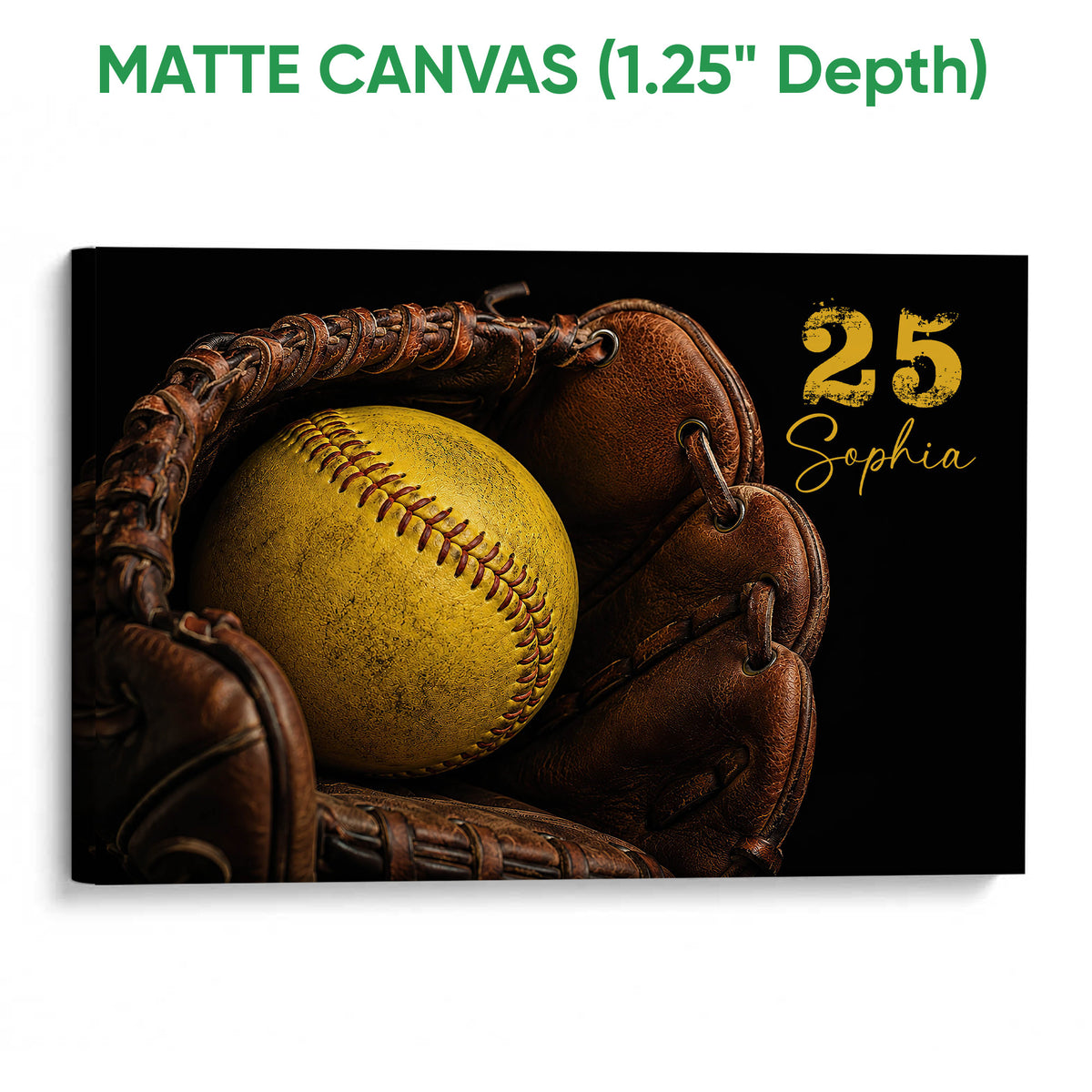 Matte canvas softball wall art featuring a yellow softball and brown glove in a deep black composition