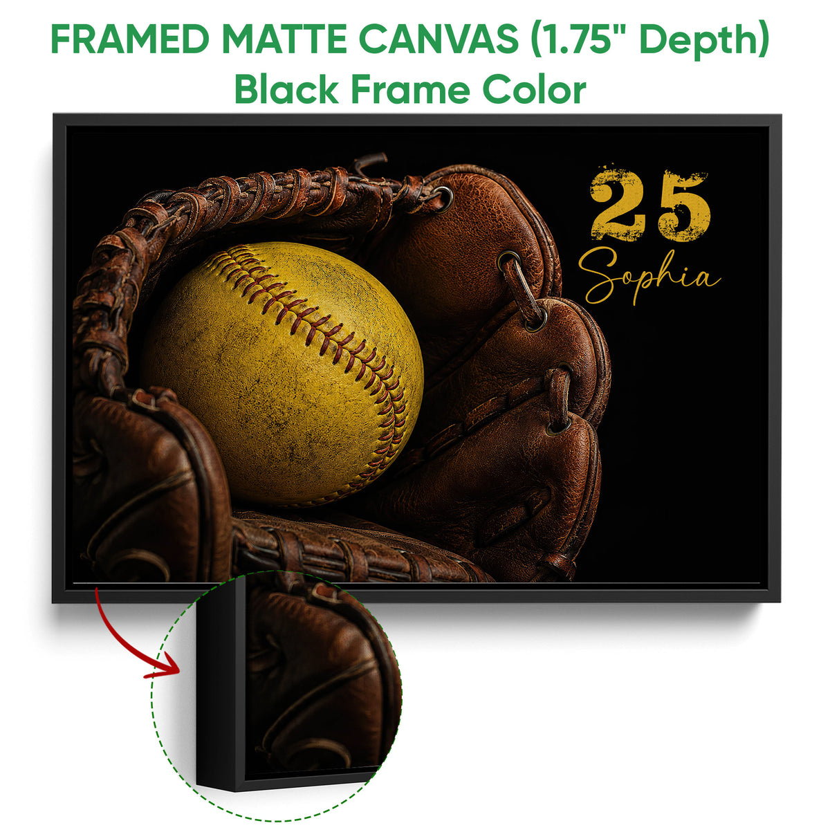 Black framed canvas softball wall art with a yellow softball and brown glove, shown with a frame detail