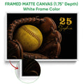 White framed canvas softball wall art featuring a yellow softball and brown glove with a frame detail