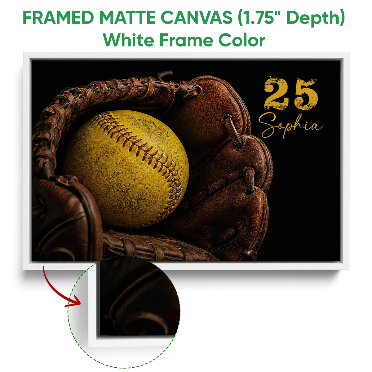 White framed canvas softball wall art featuring a yellow softball and brown glove with a frame detail