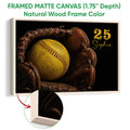 Natural wood framed canvas softball wall art featuring a yellow softball and brown leather glove