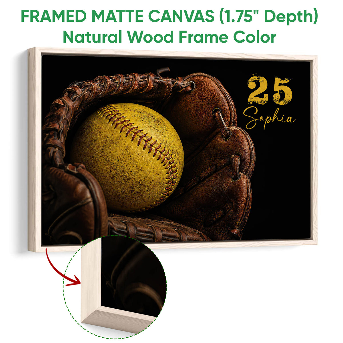 Natural wood framed canvas softball wall art featuring a yellow softball and brown leather glove