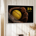 Softball framed wall art displayed on a light wood-paneled wall in a warm neutral room