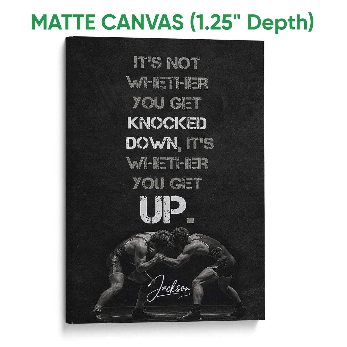 Matte canvas wrestling wall art featuring two wrestlers and distressed typography in black and white