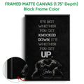 Black framed canvas wrestling wall art with a close-up view of the frame and grappling artwork