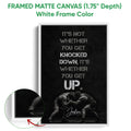 White framed canvas wrestling wall art with a close-up view of the frame and monochrome design