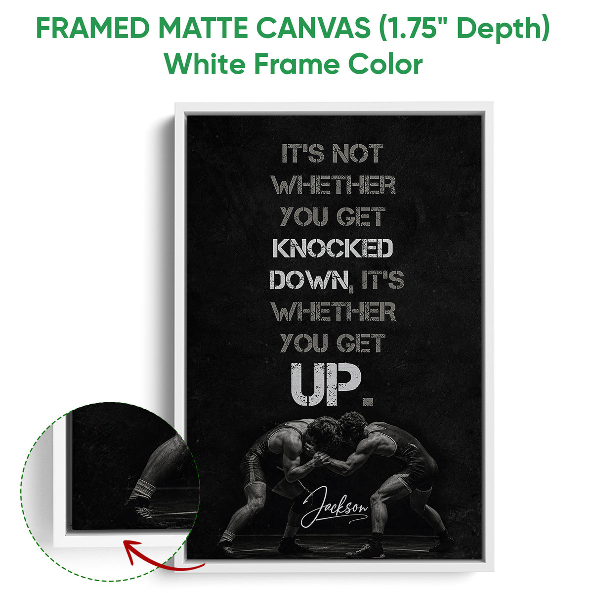 White framed canvas wrestling wall art with a close-up view of the frame and monochrome design