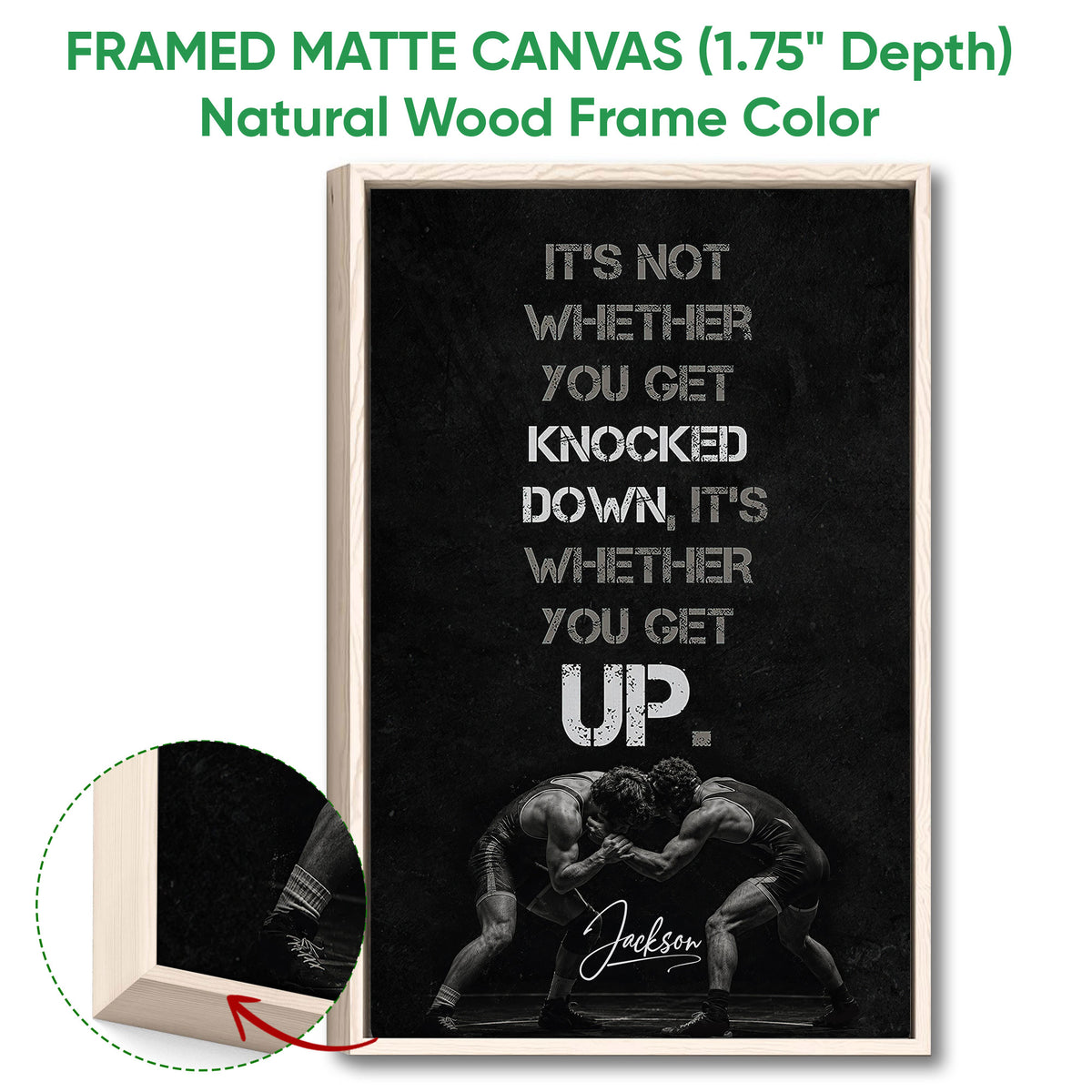 Natural wood framed wrestling wall art with a close-up of the frame and wrestling scene