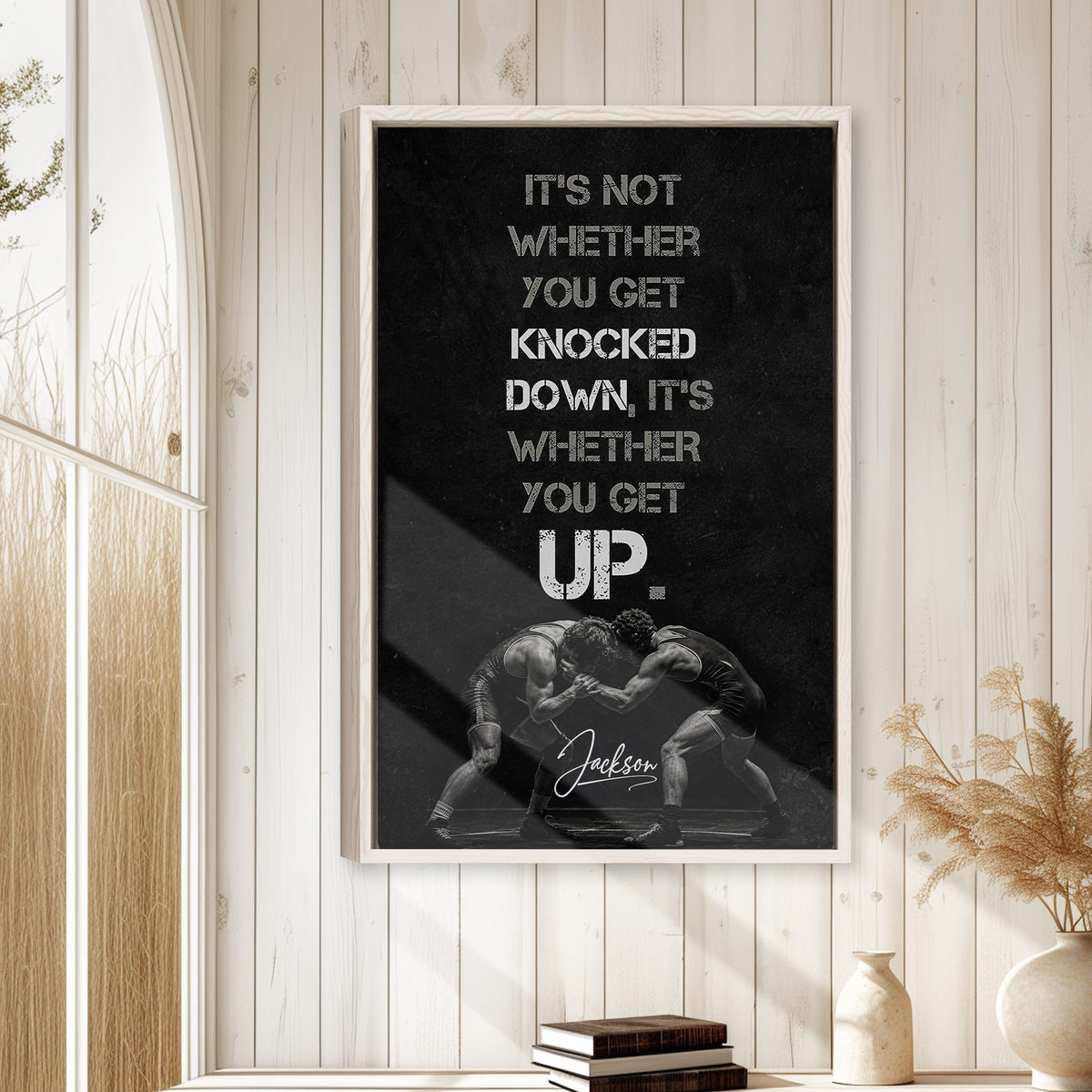 Wrestling wall art displayed in a bright wood-paneled room with neutral home decor