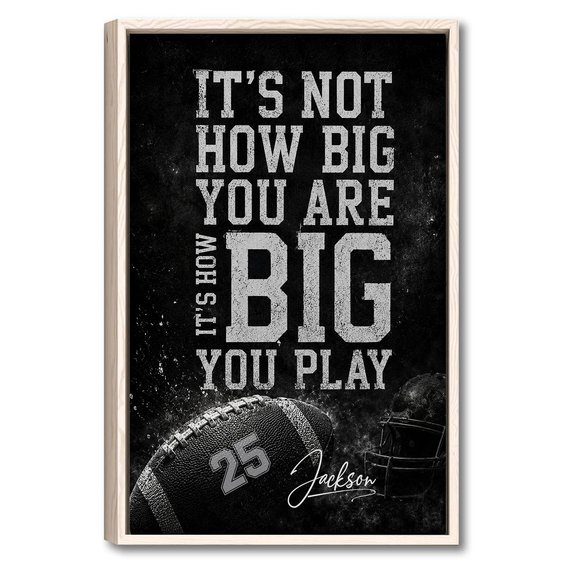 Framed football wall art with bold distressed typography, a football, and helmet on a dark background