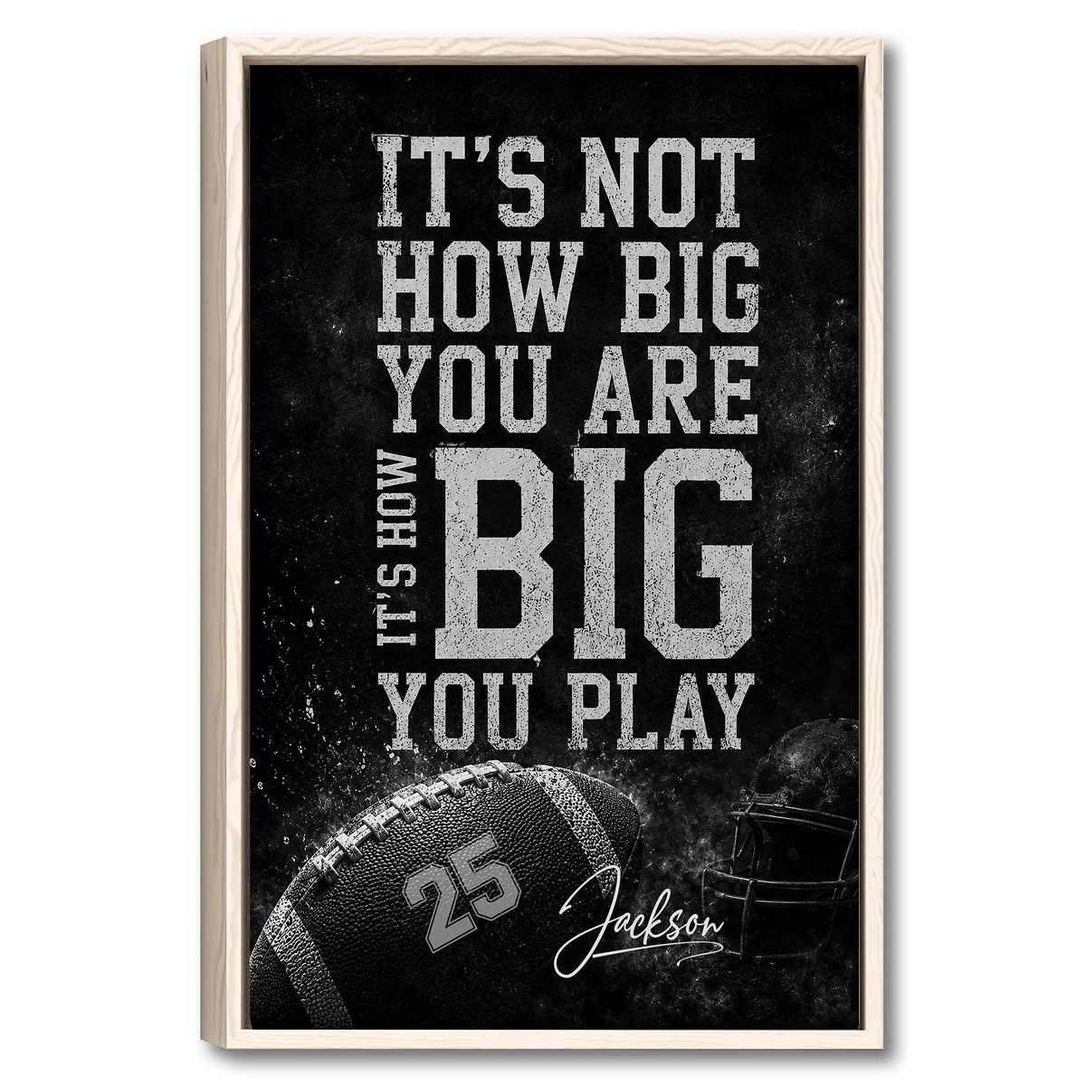 Framed football wall art with bold distressed typography, a football, and helmet on a dark background