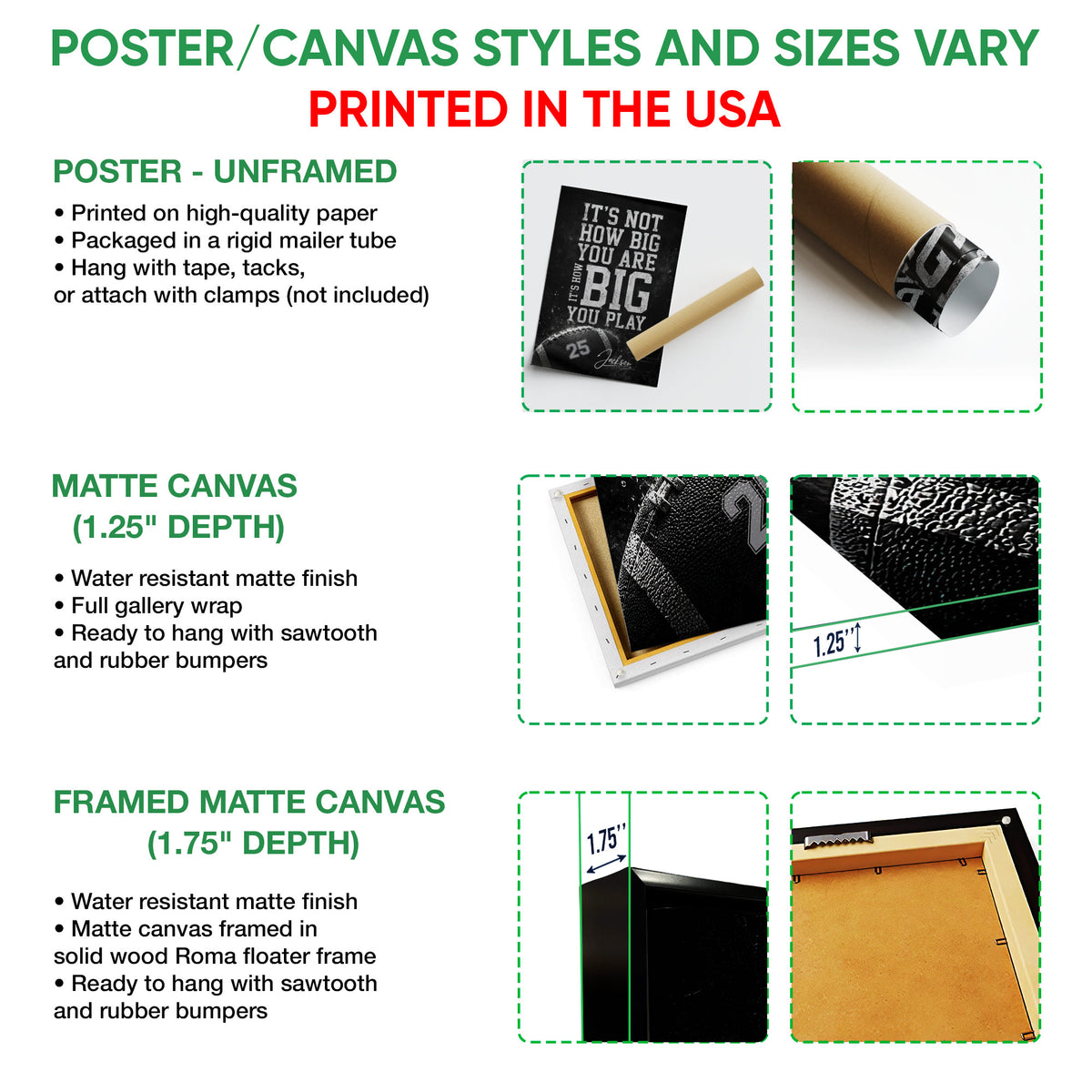 Poster and canvas wall art format guide showing unframed poster, matte canvas, and framed canvas options