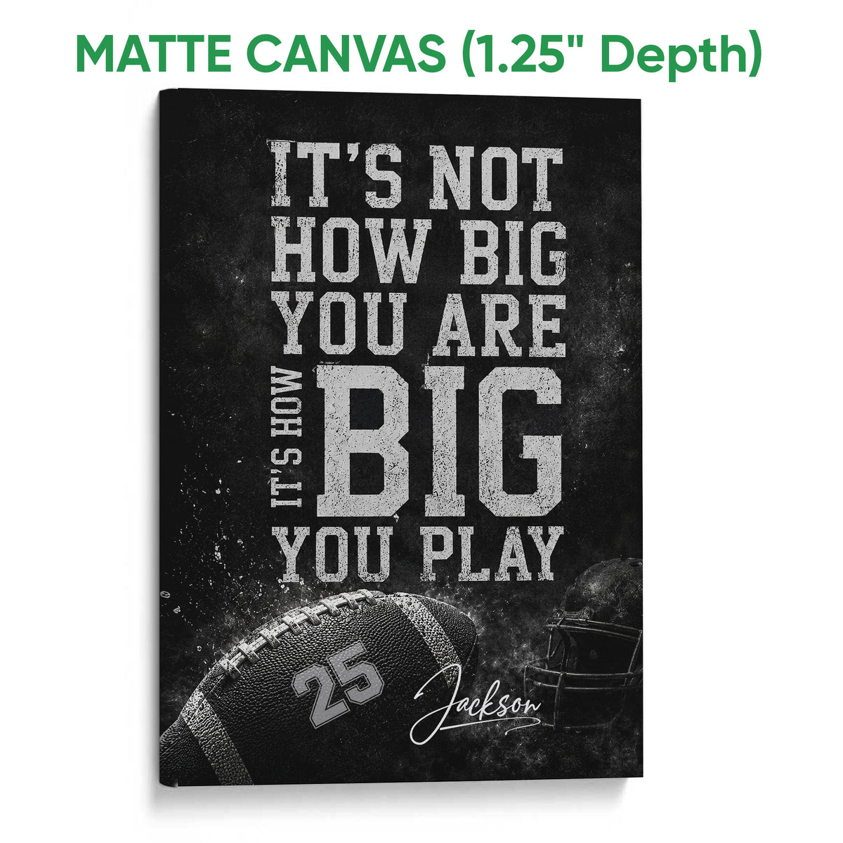 Matte canvas football wall art featuring bold distressed lettering, a football, and a helmet