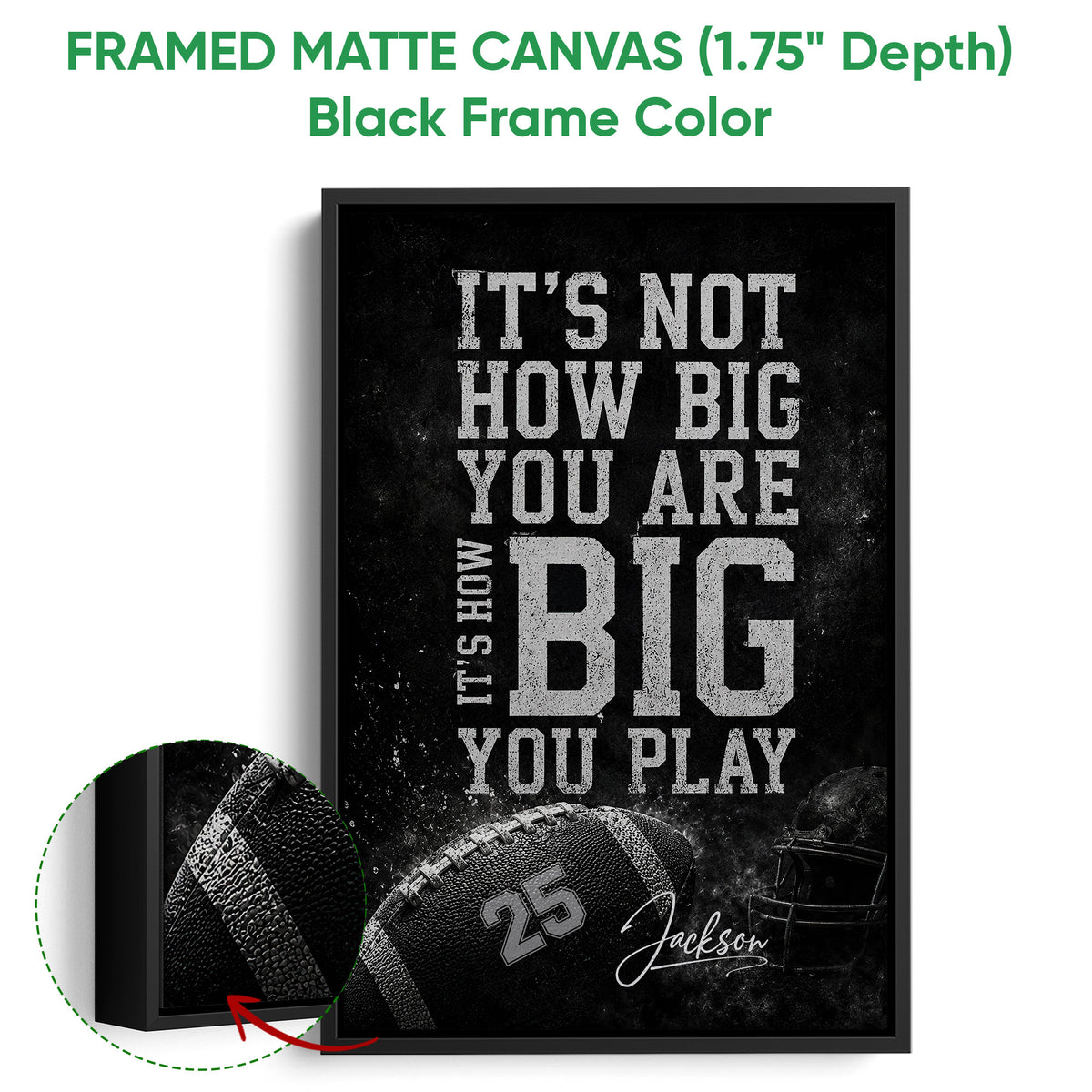 Black framed football canvas wall art with a textured football design and bold monochrome typography
