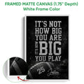 White framed football canvas wall art with distressed lettering, football imagery, and a dark monochrome design
