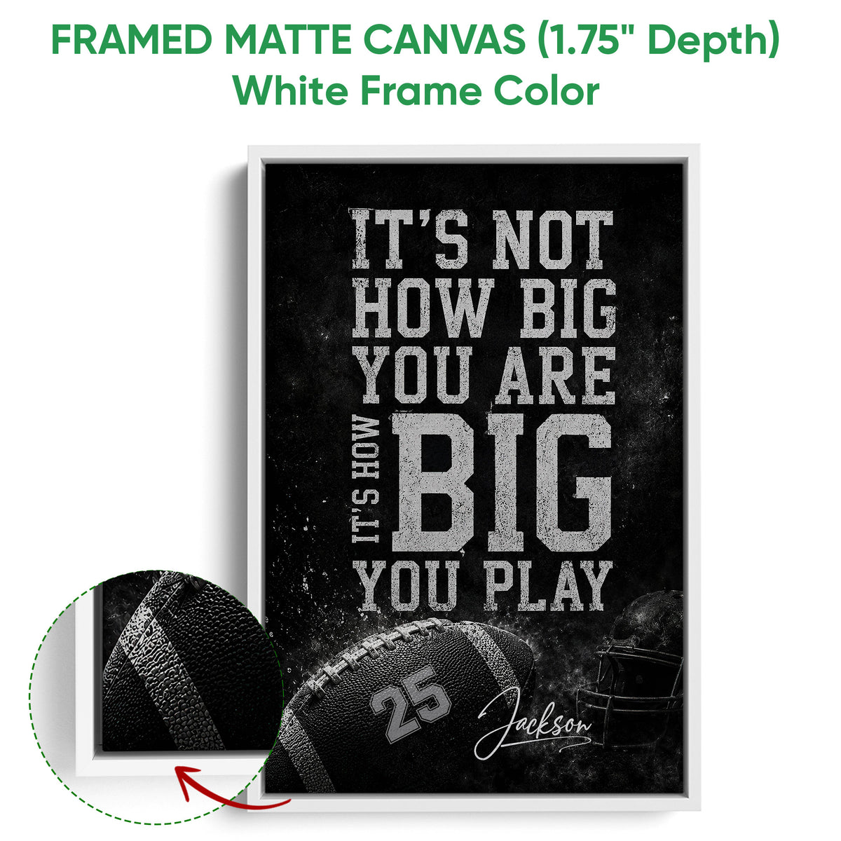 White framed football canvas wall art with distressed lettering, football imagery, and a dark monochrome design