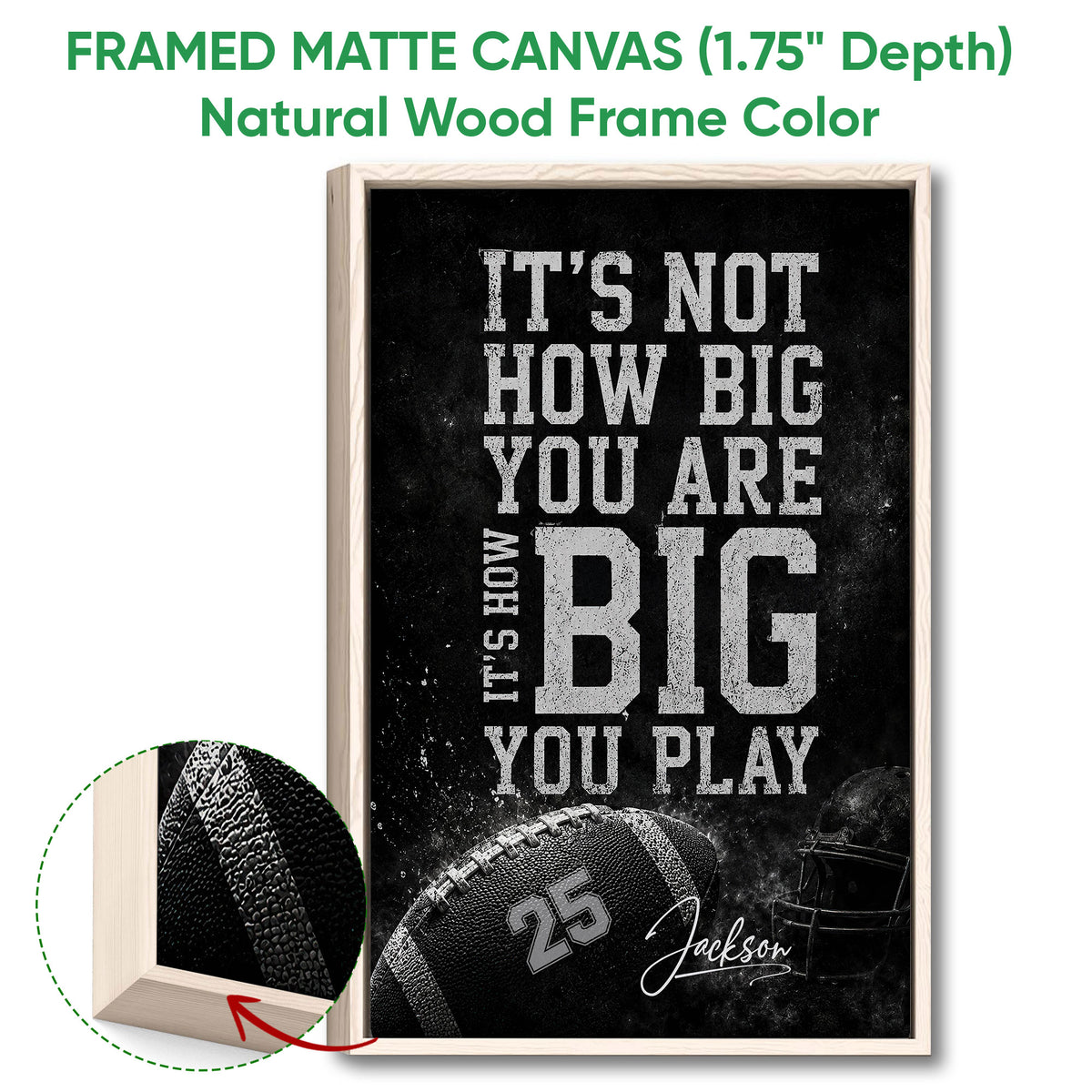 Natural wood framed football wall art with a football, helmet, and bold distressed typography