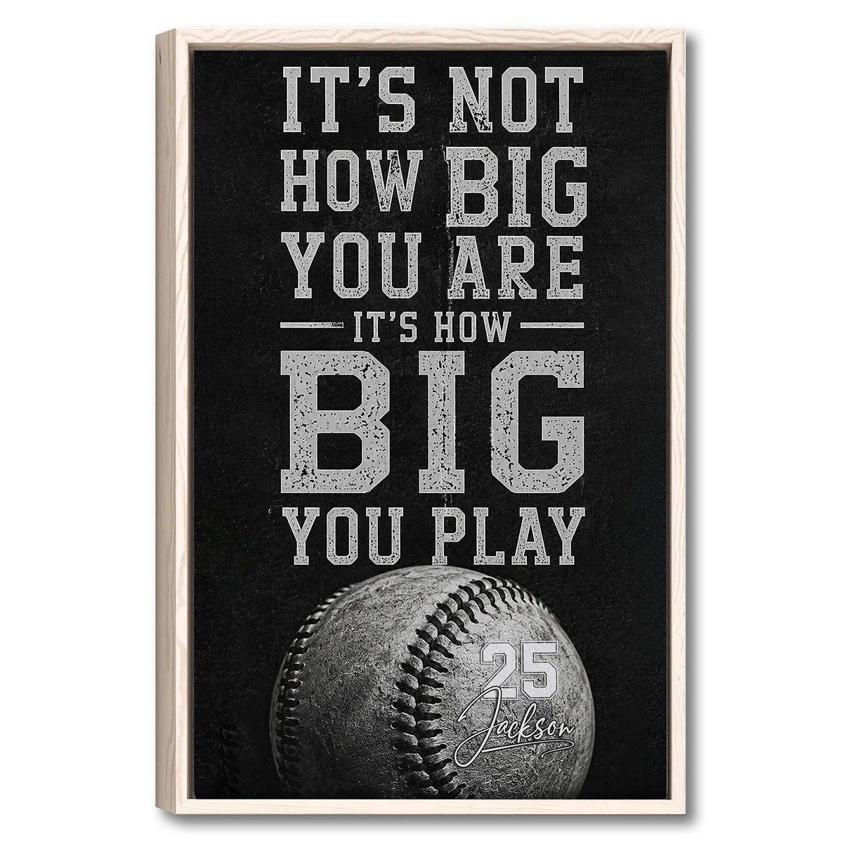 Framed black and white baseball wall art with bold athletic lettering and a vintage-style baseball graphic